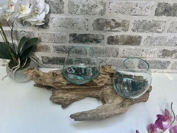 Teak Root Wooden Display With Double Molten Glass Bowls, 10 of 11