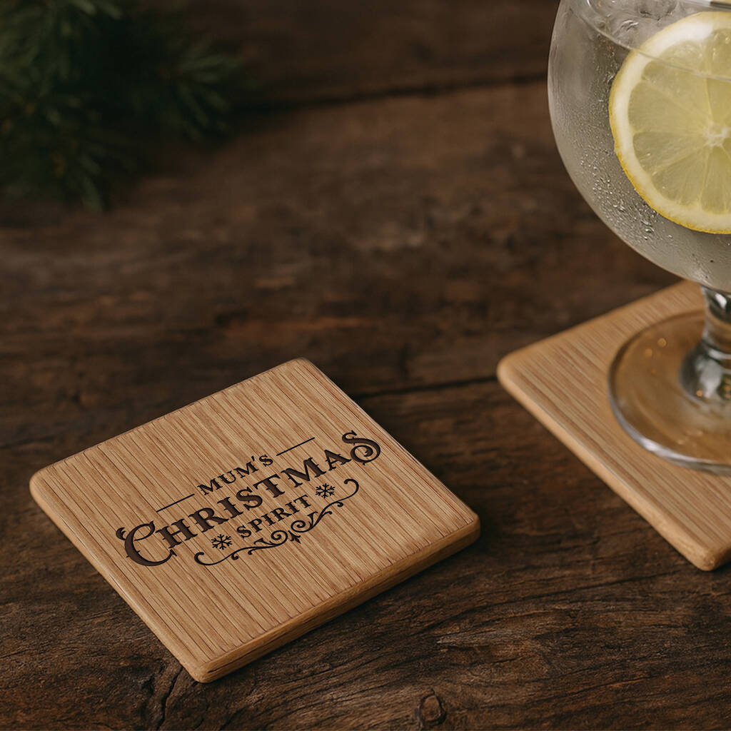 Mum's Christmas Spirt Coaster | Oak Coaster | Christmas Table Decor | Festive Drink Coaster | Seasonal Design | Gift For Her | Ideal Gift, 1 of 2