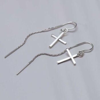 Sterling Silver Cross Threader Earrings, 2 of 8