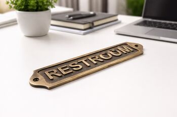 Custom Solid Brass Restroom Plaque With Antique Finish, 5 of 7