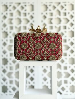 Delhi Flower Clasp Dark Red Silk Clutch | Bridal Evening Bag, 6 of 6
