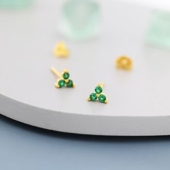 Tiny Emerald Green Trio Stud Earrings Sterling Silver, 6 of 11