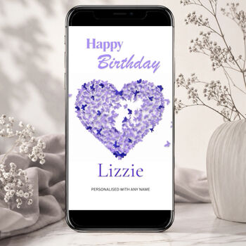 Personalised Animated Purple Butterfly Heart Birthday E Card, 3 of 4