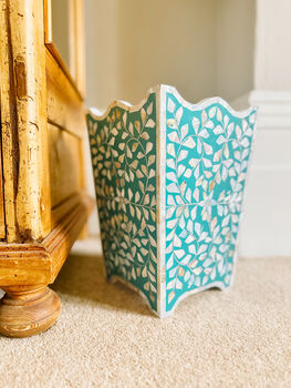 Mother Of Pearl Inlay Waste Paper Bin | Jewelled Aqua, 3 of 5