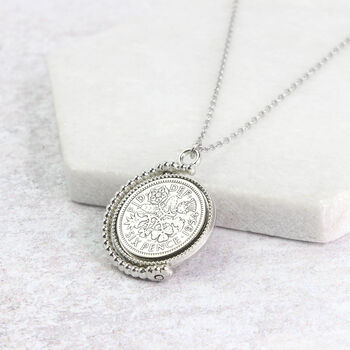 70th Birthday 1954 Lucky Sixpence Spinner Necklace, 8 of 10