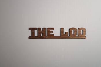 The Loo Sign: Walnut Wood Door Topper With Adhesive Dots, 5 of 7