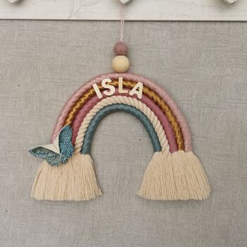 Personalised Rainbow Macrame,Gold Sparkle Wall Hanging, 10 of 12