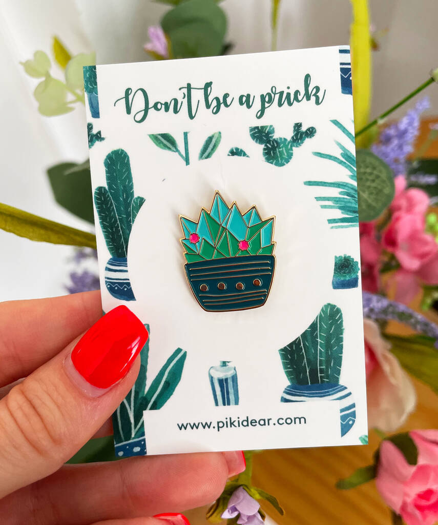 Blue And Pink Enamel Cactus Pin With Gold Metal, 1 of 7