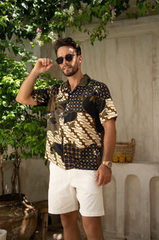 Men's Black Satin Batik Cuban Shirt, 2 of 7