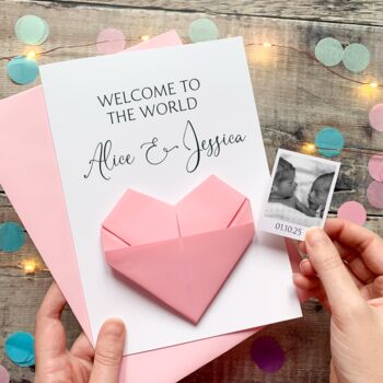 Welcome To The World New Baby Card: Handmade Origami Heart Keepsake Gift, Baby Boy, Baby Girl, Twins, 3 of 8