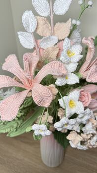Handmade Crochet Blush Spring Garden Bouquet – Elegant Pink And White Floral Arrangement, 3 of 3