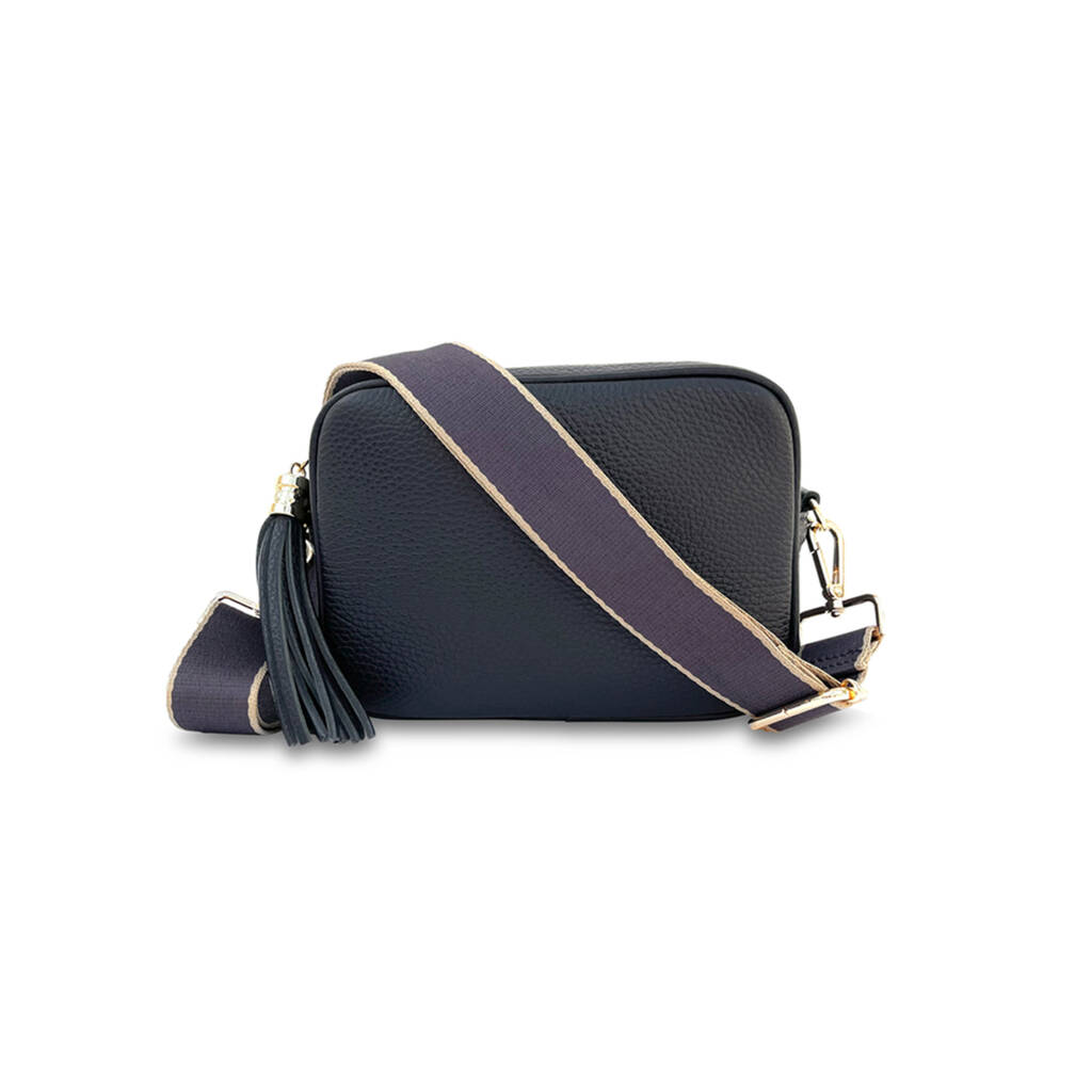 Navy Leather Crossbody Bag And Taupe Edged Navy Strap By Apatchy ...