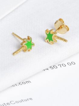 18 K Gold Plated Green Enamel Palm Tree Stud Earrings, 3 of 9