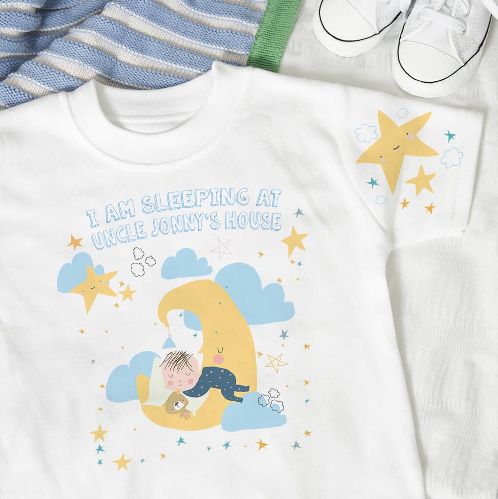 Personalised Moon And Stars Sleeping Baby Boy T Shirt, 1 of 4