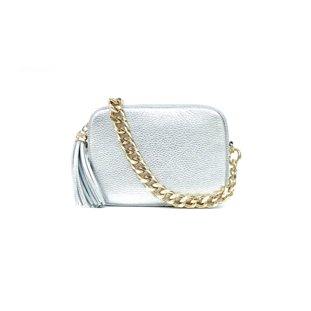 Silver Leather Crossbody Bag And Gold Chain Strap By Apatchy ...