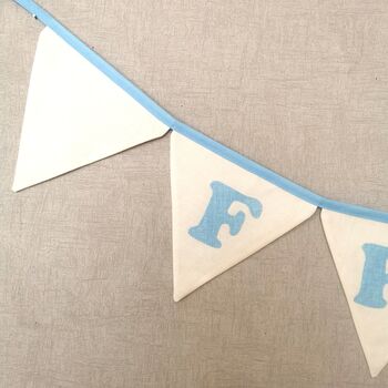 Baby Blue Bunting, New Baby Nursery Gift, Cream And Blue Personalised Bedroom Wall Banner, 5 of 10