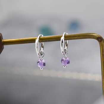 Sterling Silver Natural Lilac Purple Amethyst Bead Huggie Hoop Earrings, 5 of 12