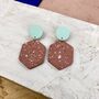 Jesmonite Terrazzo And Wood Hexagon Geometric Earrings, thumbnail 8 of 12