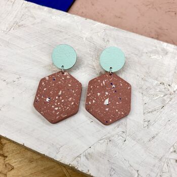 Jesmonite Terrazzo And Wood Hexagon Geometric Earrings, 8 of 12