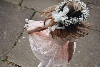 Girls Peach Lace Flower Girl Party Dress, 6 of 8