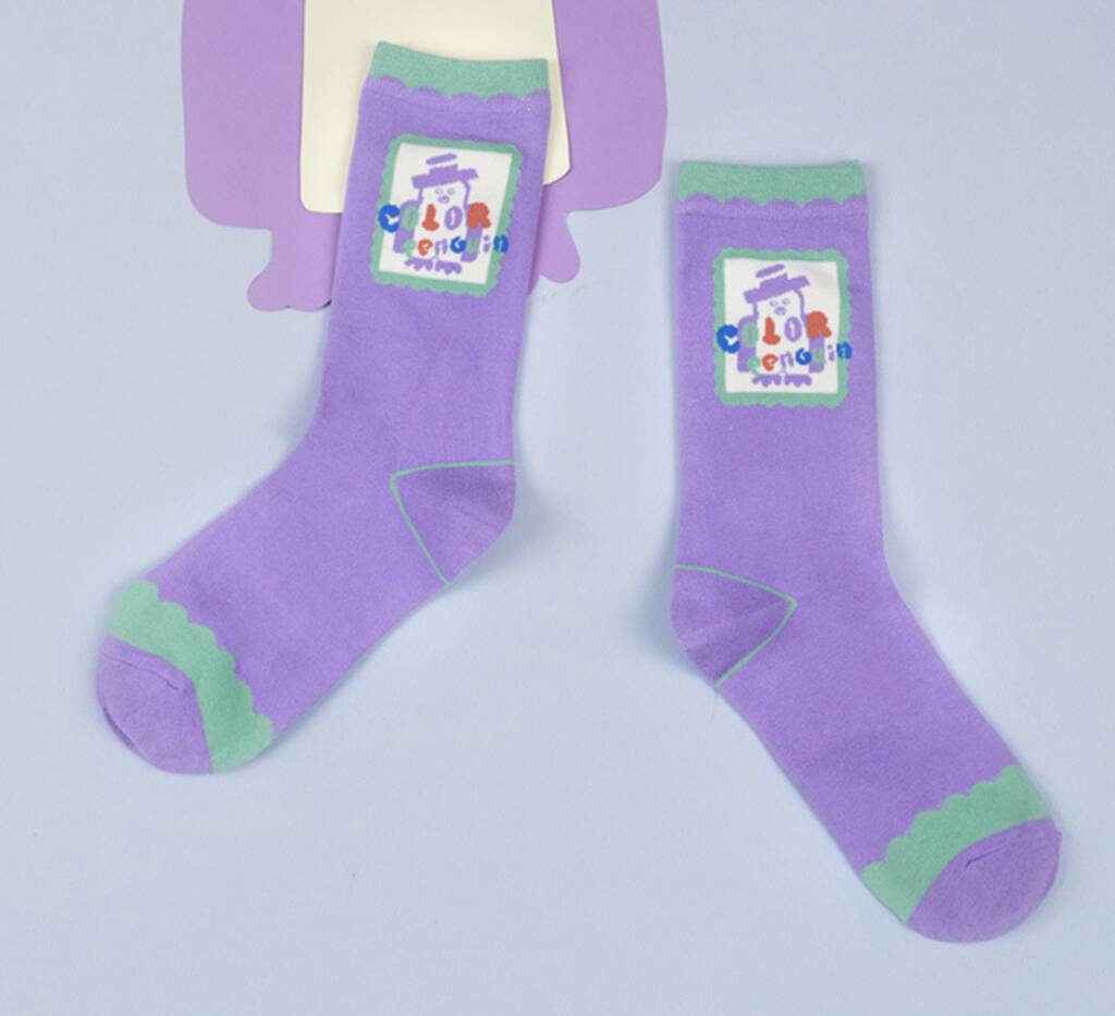 Purple And Green Penguin Mid Calf Length Socks, 1 of 3