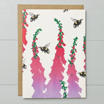 Foxgloves And Bumble Bee Greeting Card, 2 of 2