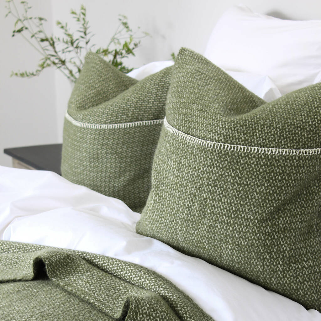 Olive And Cream Woven Wool Cushion, 1 of 4