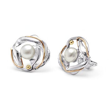 Molten Sterling Silver White Pearl Stud Earrings, 2 of 7