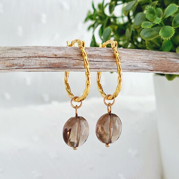 Gold Plated Twisted Oval Hoops With Smoky Quartz Drops, 2 of 5