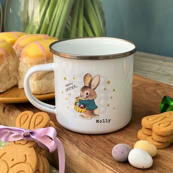 Retro Easter Bunny Check Background Enamel Mug, 5 of 9