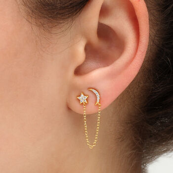 18ct Gold Plated Or Silver Moon And Star Chain Earrings, 2 of 7