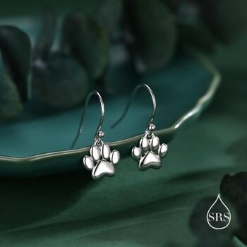 Sterling Silver Paw Print Drop Hook Earrings, 6 of 11