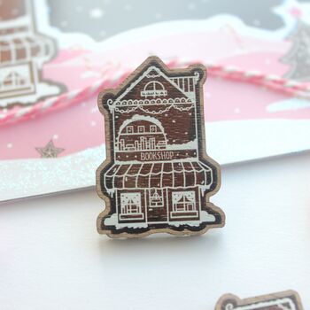 Christmas Wooden Pin Badge, Gingerbread Bookshop, 2 of 3