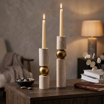 Travertine And Brass Sculptural Candle Holder Set Of Two, 6 of 6