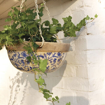 Aged Blue And White Ceramic Hanging Plant Pot Planter, 2 of 5