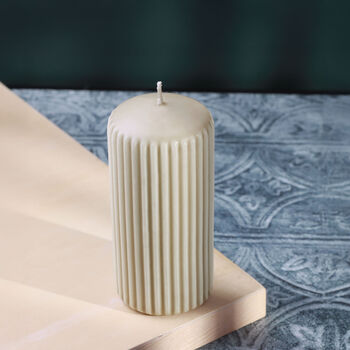 G Decor Velluto Bianco Sculpted Cream Ribbed Pillar Candle In A Velvet Matte Finish, 2 of 3