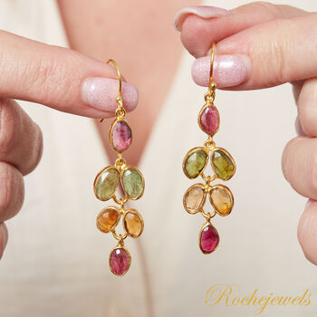 Multicoloured Tourmaline Pebble Shaped Leaf Drop Gold Earrings, 6 of 11