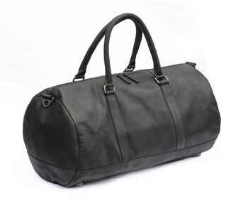 Black Leather Travel Duffle Bag Holdall With Personalised Luggage Tag, 2 of 5