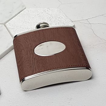 Personalised Leather Hip Flask With Wood Texture Detail, 2 of 8