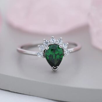 Genuine Pear Cut Emerald Green Cz Crown Ring, 4 of 11