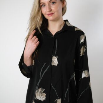 Black Satin Chiffon Long Sleeve Floral Printed Shirt, 5 of 6
