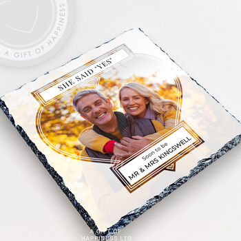 She Said Yes Personalised Rock Photo Slate Couples Engagement Gift, 2 of 6