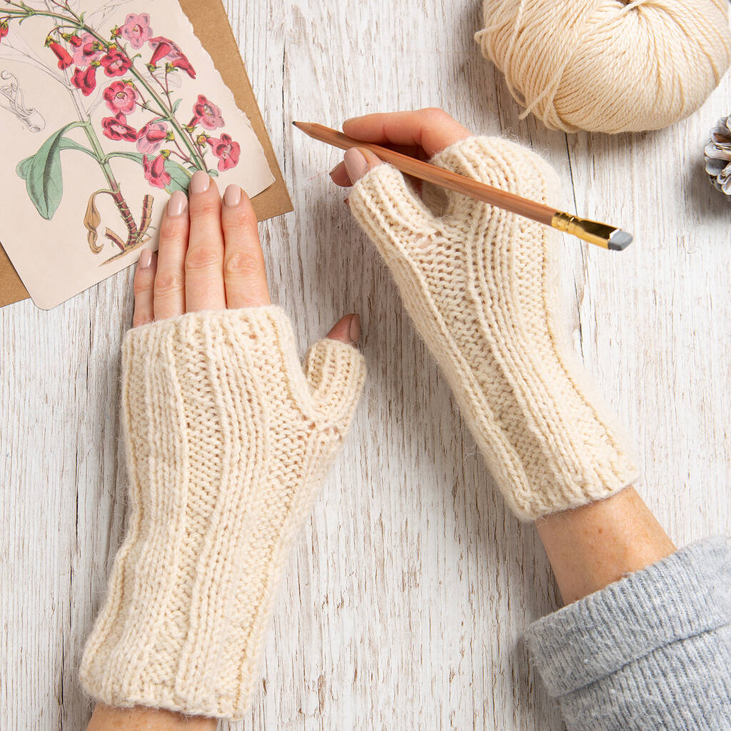 Alpaca Fingerless Gloves Ivory Knitting Kit, 1 of 3