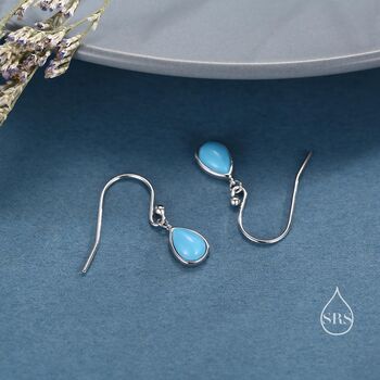 Sterling Silver Pear Cut Blue Turquoise Stone Drop Hook Earrings, 4 of 11