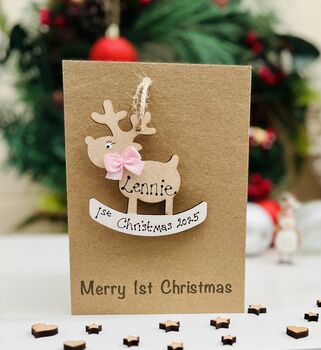 Personalised 1st Christmas Card 2025 Reindeer Decoration, 2 of 8