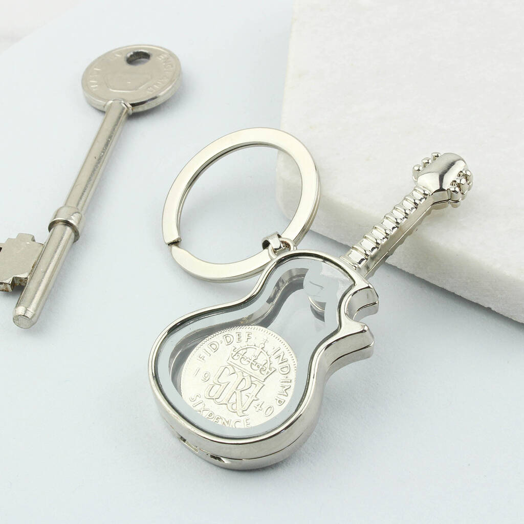 Image of Any Date Lucky Sixpence Guitar Locket Keyring