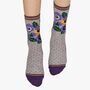 Women's Bamboo Socks Grey Purple Pansy, thumbnail 2 of 6