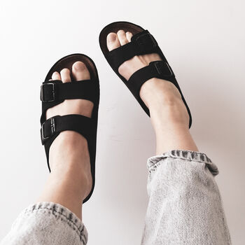 Leather Sandals With Memory Foam Insole In Black, 3 of 9