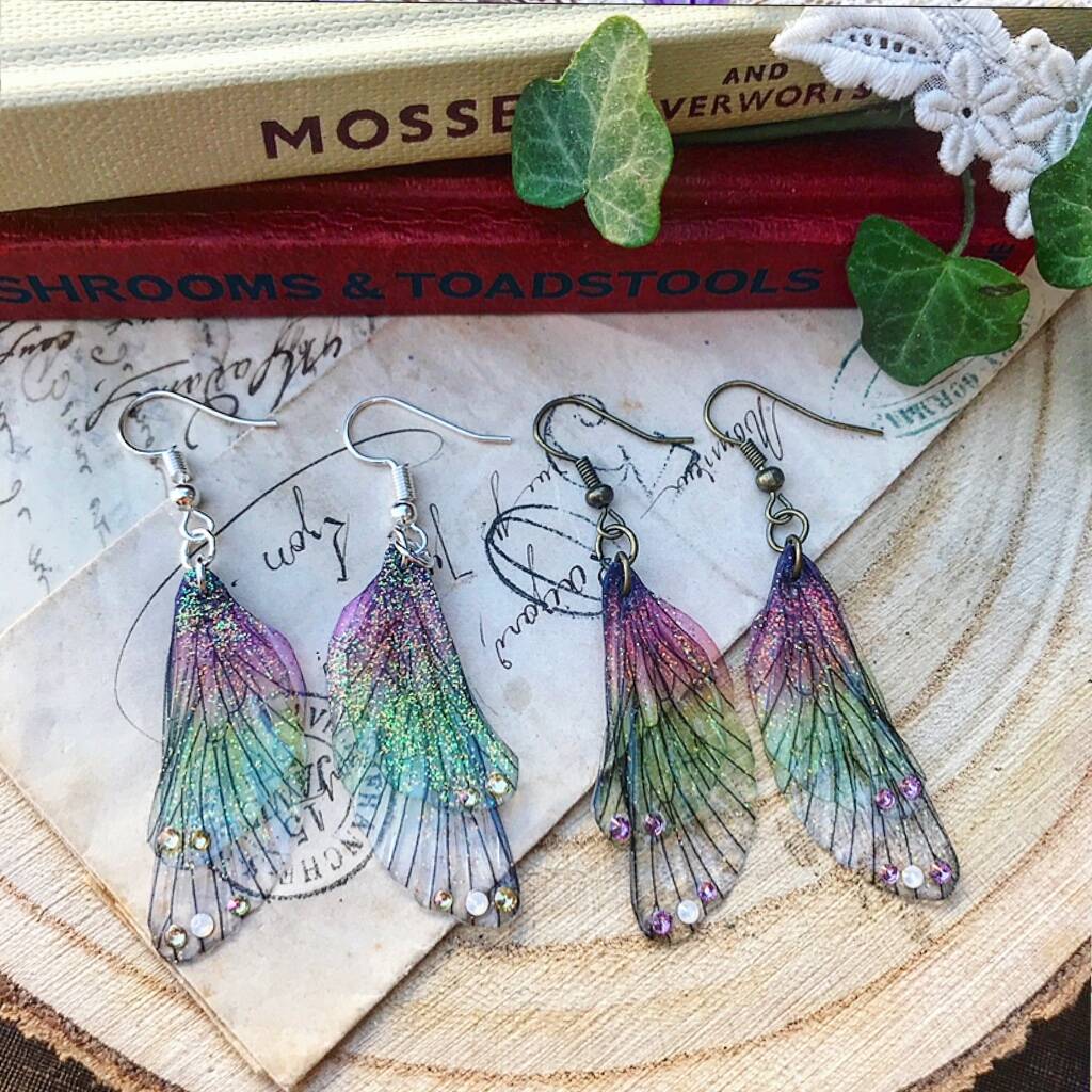 Sweet Pair Of Green And Pink Fairy Wing Earrings
