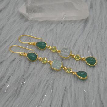 Green Onyx Jade Dangle Drop Gold Earrings, 2 of 8